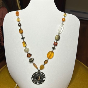 Bohemian style beaded necklace with acrylic & metal beads‎ & a medallion